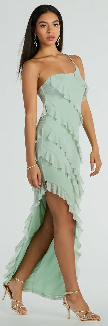 Turn heads at Prom 2025 in this sage green prom dress, where statement-making details meet the iconic style of the Jaymie One-Shoulder Ruffle Slit Formal Dress .