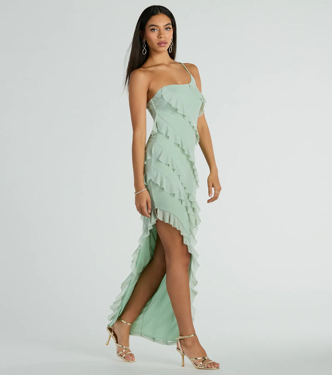 Ruffled One-Shoulder Slit Dress