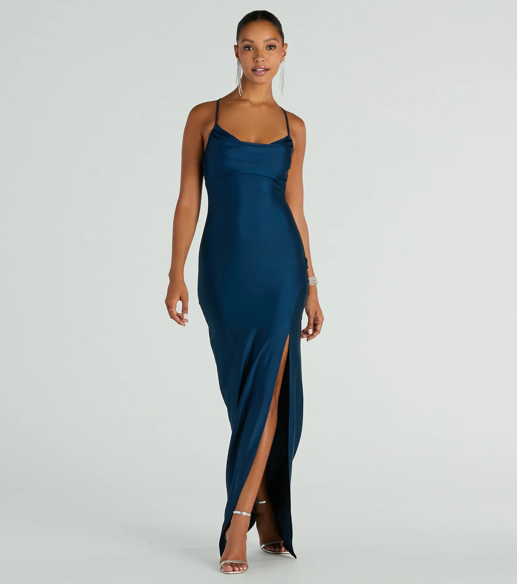 Natalie Cowl Neck Lace-Up Slit Column Dress in Navy Blue | Size: XL | Knit Fabric | Windsor Natalie Cowl Neck Lace-Up Slit Column Dress in Navy Blue | Size: XL | Knit Fabric | Windsor