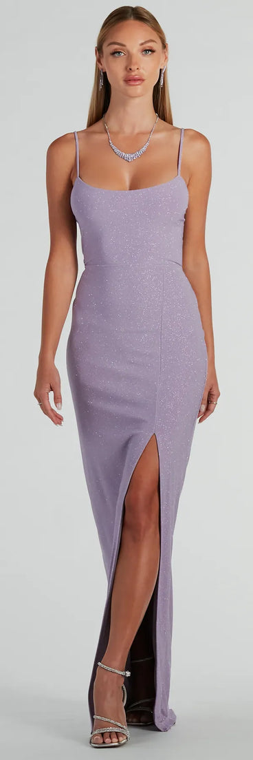 The Sharon Tie-Back Glitter Mermaid Formal Dress is a shimmery lavender glitter dress that catches the light beautifully, perfect for any special outfit like Winter Formal attire, clubwear, or a wedding guest dress.