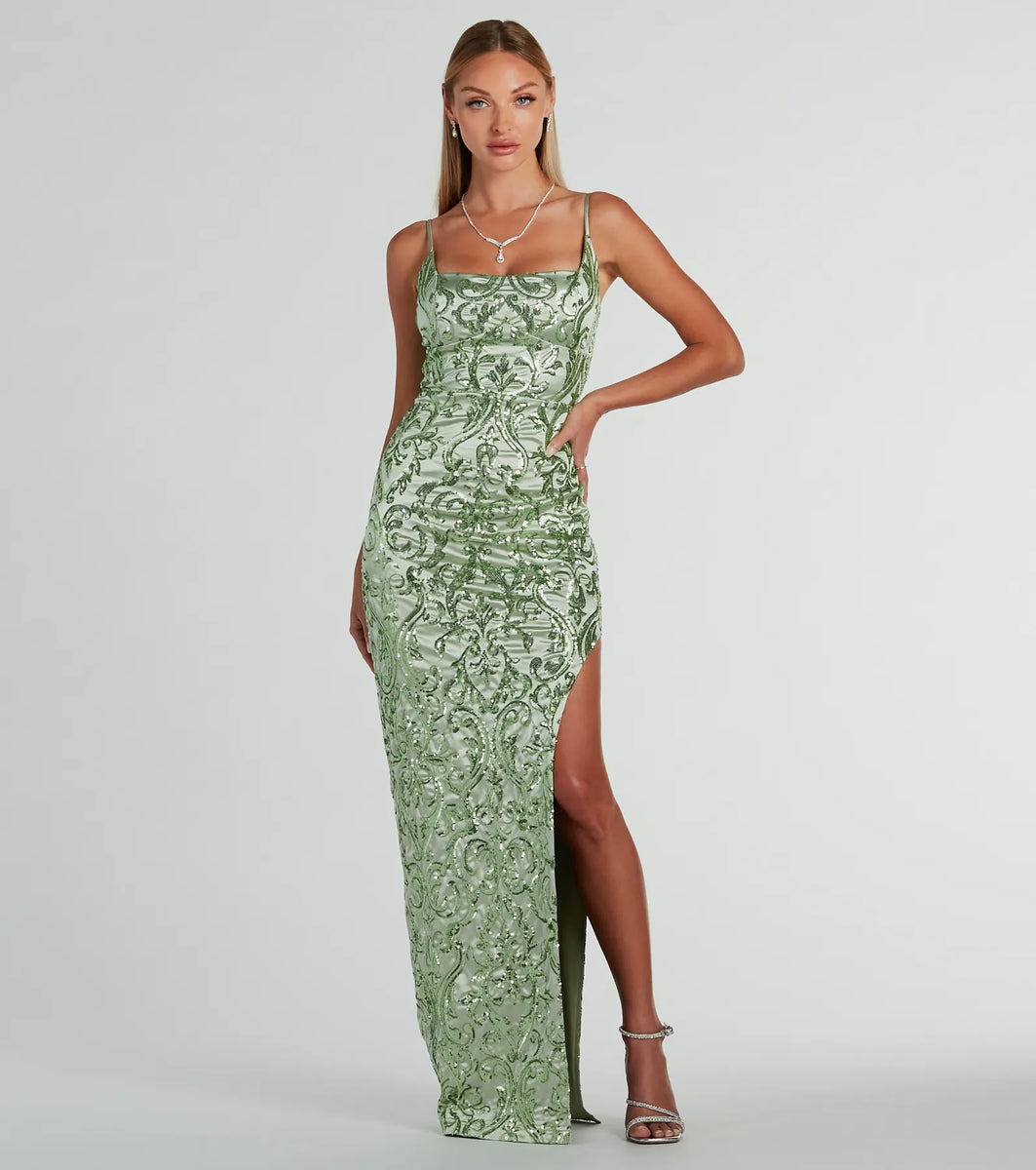 Alessia Square Neck Slim Sequin Satin Formal Dress | Windsor Alessia Square Neck Slim Sequin Satin Formal Dress | Windsor