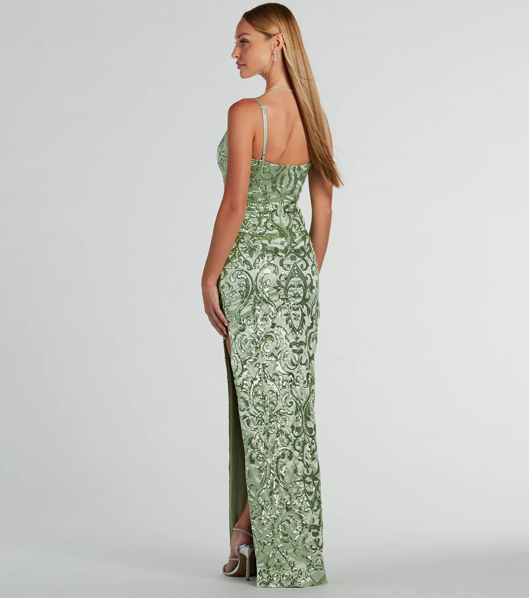 Alessia Square Neck Slim Sequin Satin Formal Dress | Windsor Alessia Square Neck Slim Sequin Satin Formal Dress | Windsor