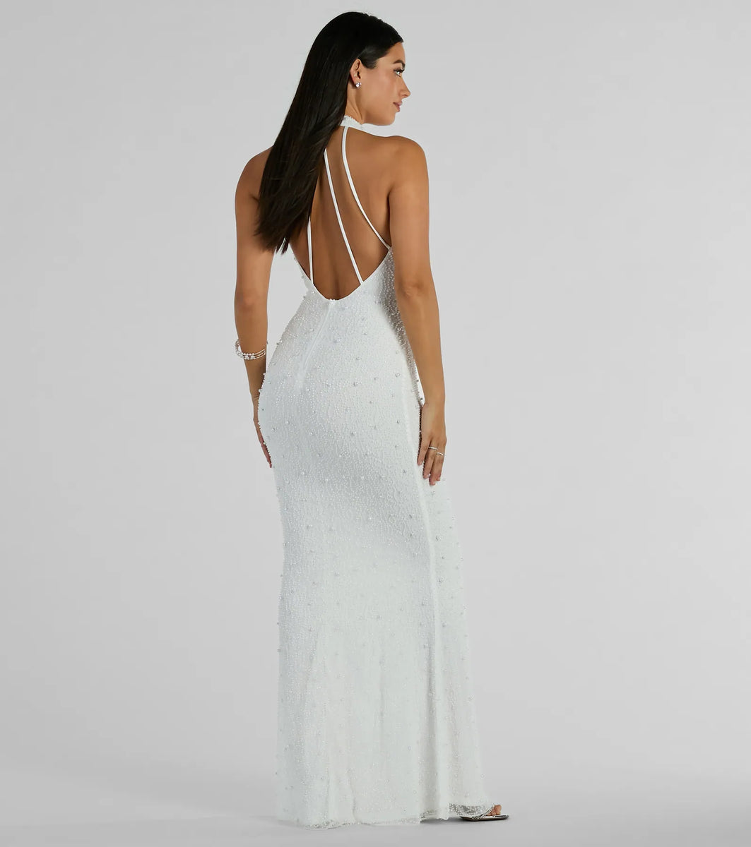 Pearl Embellished Halter Neck Formal Dress