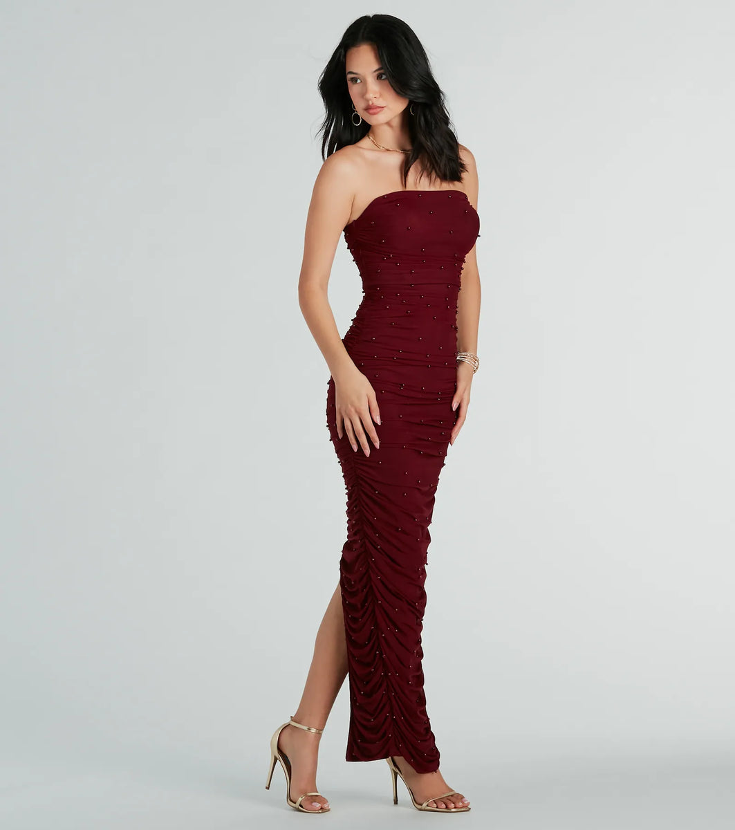 パーティードレス Rotate Floor-Length Burgundy Strapless Evening Dress With Nobu Burgundy Bandeau Maxi Dress With Halter-Collar – Club L