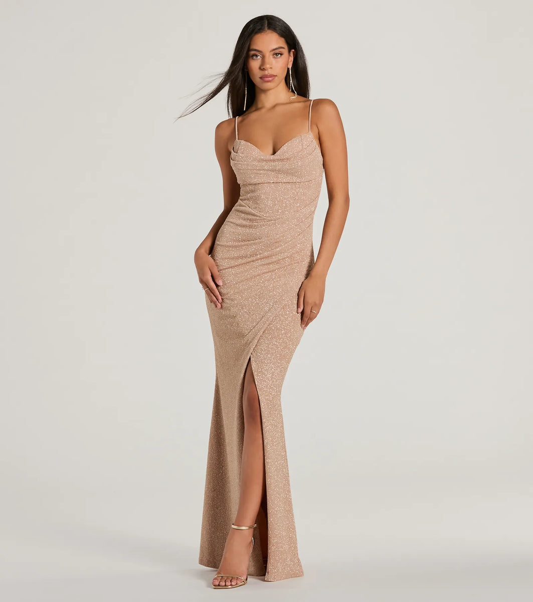 Mila Cowl Neck Wrap Slit Mermaid Glitter Formal Dress Windsor