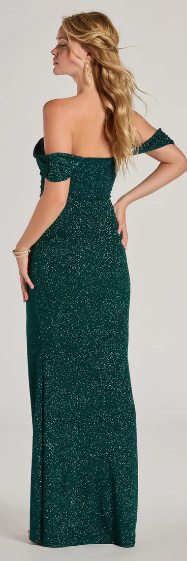 Feel instantly put-together in the Tamara Off-The-Shoulder Mermaid Glitter Formal Dress in hunter green, a stylish wedding guest dress designed for confident style and all-out celebration.