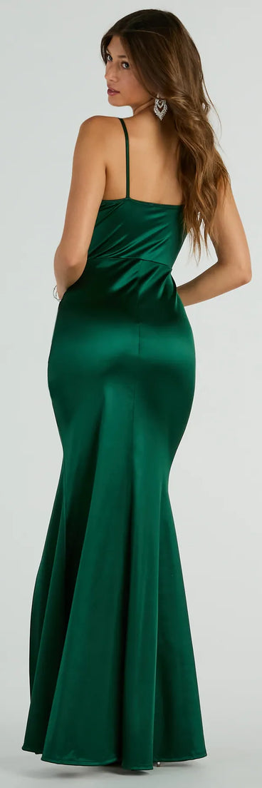 The elegant Jazmine Cowl Neck Slit A-Line Satin Formal Dress is a hunter satin bridesmaid dress crafted with luxe fabric, ideal for modern weddings and traditional bridal parties.