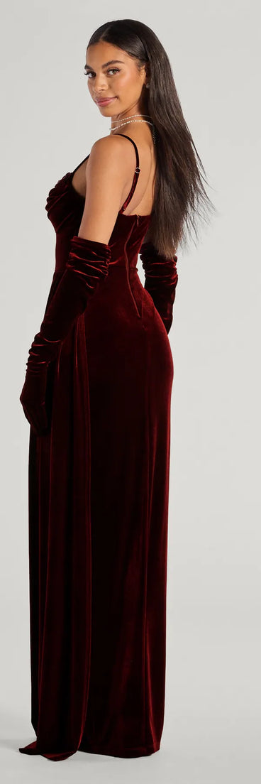 Make a statement in the Inez Beaded Applique Velvet Formal Dress With Gloves in wine, a bold red prom dress designed to exude confidence, elegance, and a striking prom-night look.