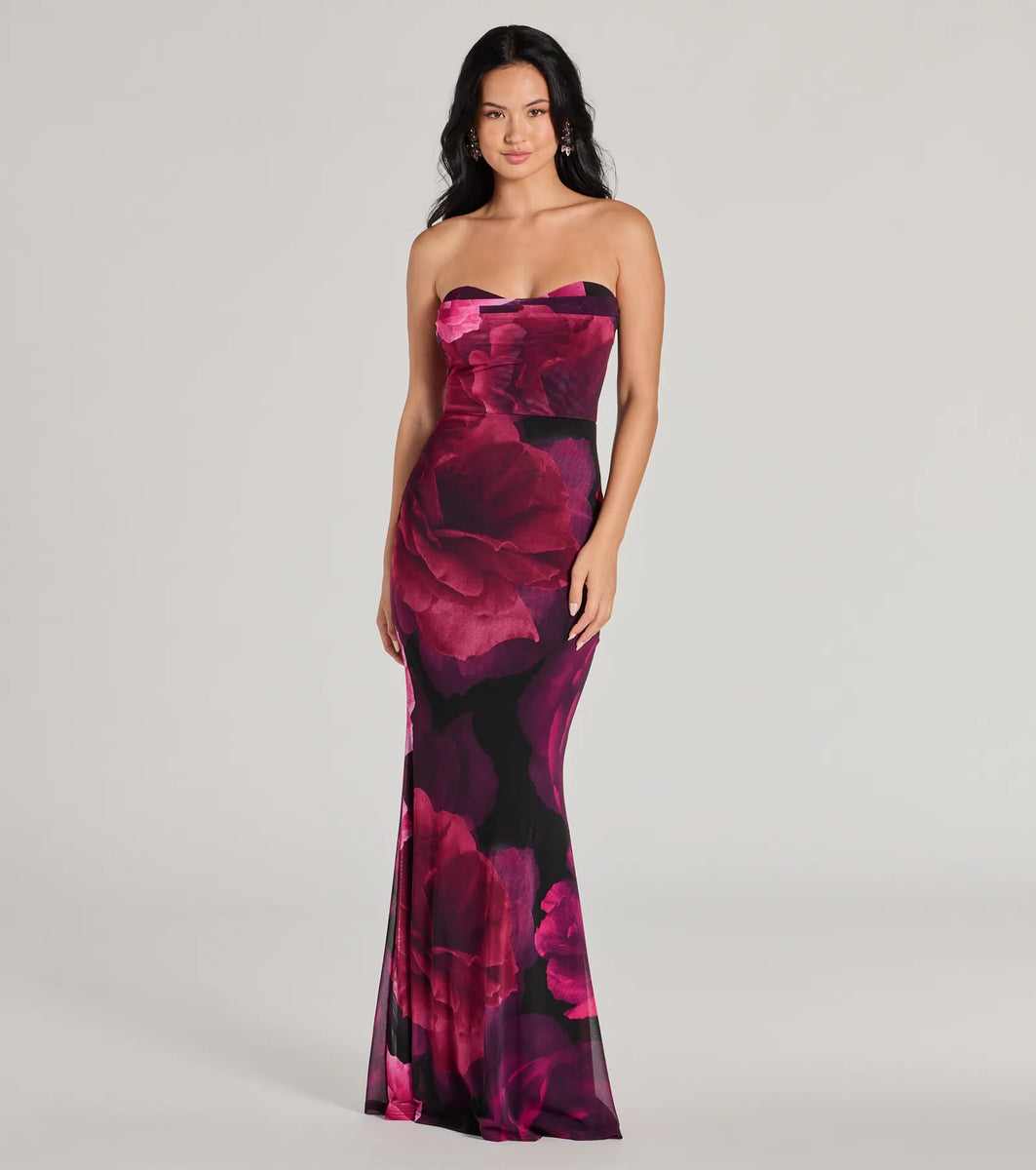 julianna floral maxi dress Julianna Floral Mesh Strapless Mermaid Dress
