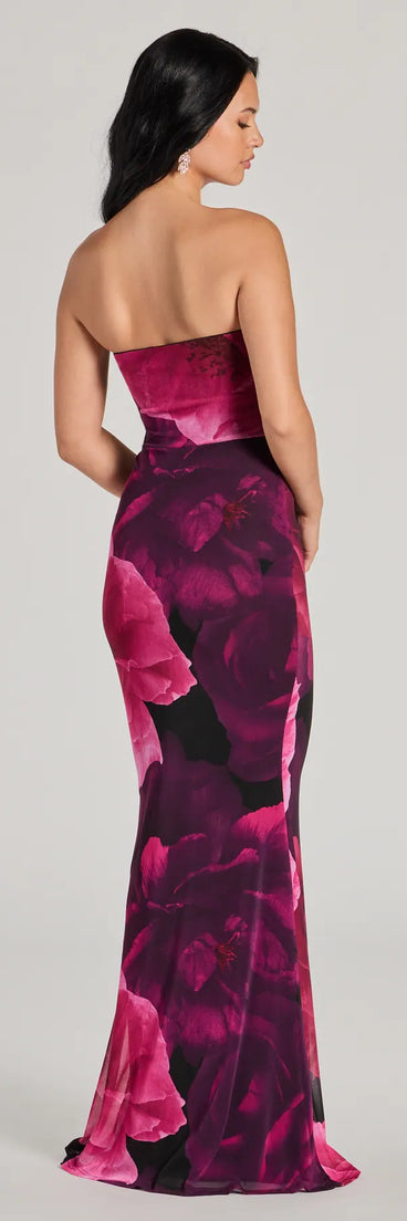 The Julianna Floral Mesh Strapless Mermaid Dress is a stylish magenta floral dress featuring a fresh seasonal print and flattering design, perfect for garden parties, bridal showers, graduation photoshoots, or everyday styling.