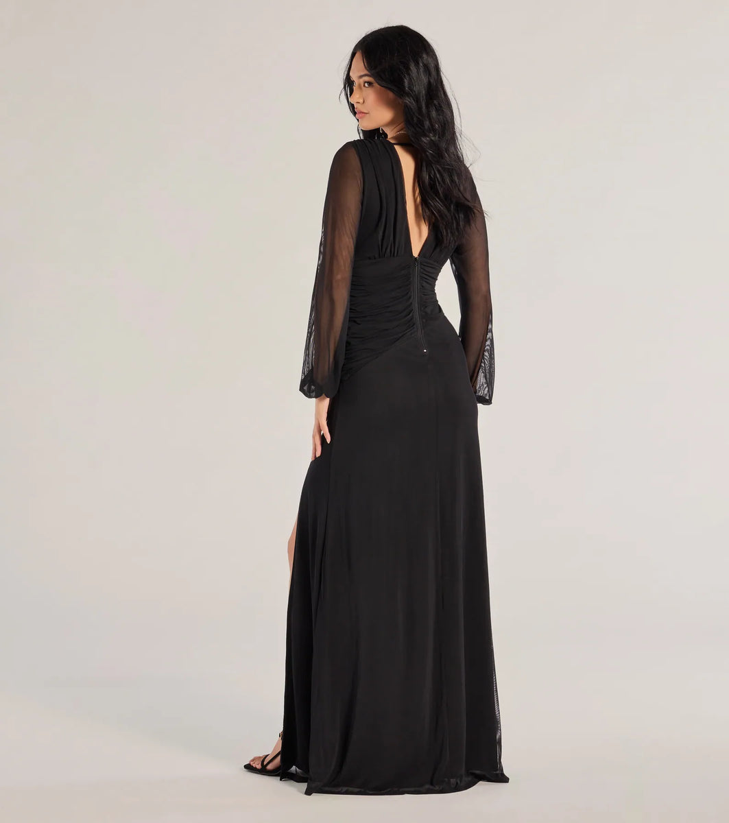 mesh long sleeve formal dress Black Mesh Maxi Dress - Long Sleeve Dress - Back Cutout Dress
