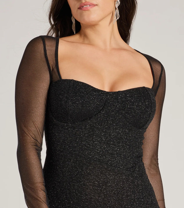 Feel instantly put-together in the Connie Glitter Long Sleeve Column Formal Dress in black, a fall wedding guest dress designed for confident style and all-out celebration.