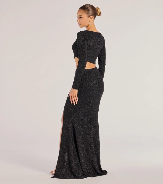 The Brynn Long Sleeve Glitter Cutout Mermaid Dress is an elegant black formal dress in a rich seasonal color and with unique design accents that make dressing up for winter parties, holiday balls, or festive gatherings effortless!