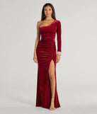 The Lyra Velvet One-Shoulder Rhinestone Cuff Mermaid Dress is a wine dress, an essential holiday or NYE dress that pairs chic style with versatility making it perfect for cocktail events, New Year's Eve parties, or as a winter wedding guest look.