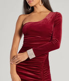 The Lyra Velvet One-Shoulder Rhinestone Cuff Mermaid Dress is a wine dress, an essential holiday or NYE dress that pairs chic style with versatility making it perfect for cocktail events, New Year's Eve parties, or as a winter wedding guest look.