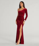 The Lyra Velvet One-Shoulder Rhinestone Cuff Mermaid Dress is a wine dress, an essential holiday or NYE dress that pairs chic style with versatility making it perfect for cocktail events, New Year's Eve parties, or as a winter wedding guest look.