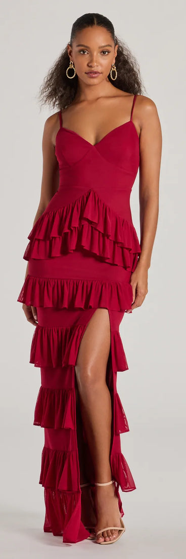 Turn heads at Prom 2025 in this wine prom dress, where statement-making details meet the iconic style of the Monica V-Neck Lace-Up Ruffle Slim Formal Dress .