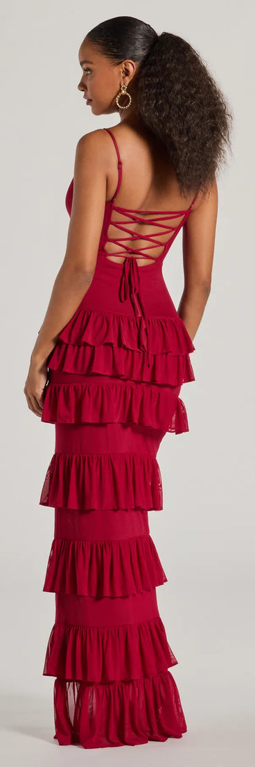 Monica V-Neck Lace-Up Ruffle Slim Formal Dress in wine, a stylish red dress with a flattering fit and fabric that adds allure to your look, perfect for wedding guest attire, cocktail events, or making a bold statement on a date night.