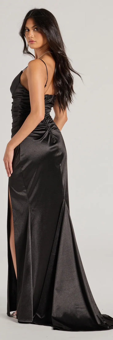 The elegant Jordyn Formal Satin Mermaid Dress With Train is a black satin bridesmaid dress crafted with luxe fabric, ideal for modern weddings and traditional bridal parties.