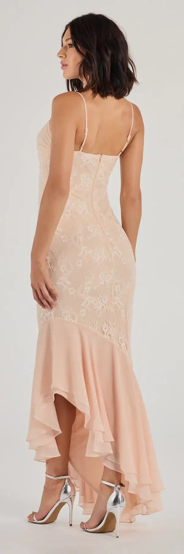Own the spotlight in the Brinley Lace Chiffon Asymmetric Mermaid Dress, a ivory formal dress crafted to deliver luxe style for autumn weddings, Military Balls, or any special event.