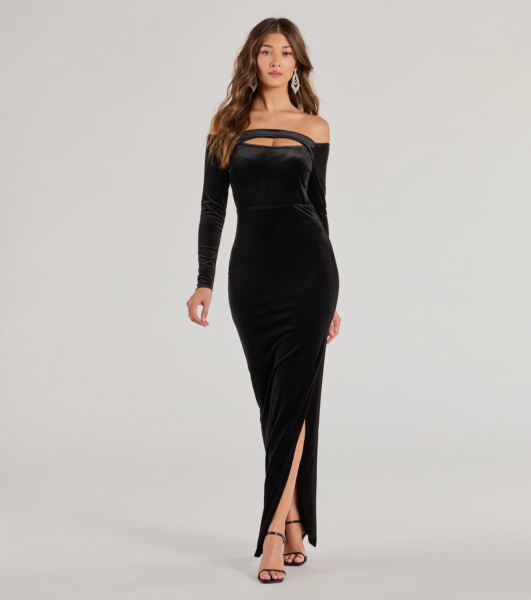 Rosalyn Velvet Off-The Shoulder Long Sleeve Column Dress | Windsor Rosalyn Velvet Off-The Shoulder Long Sleeve Column Dress | Windsor