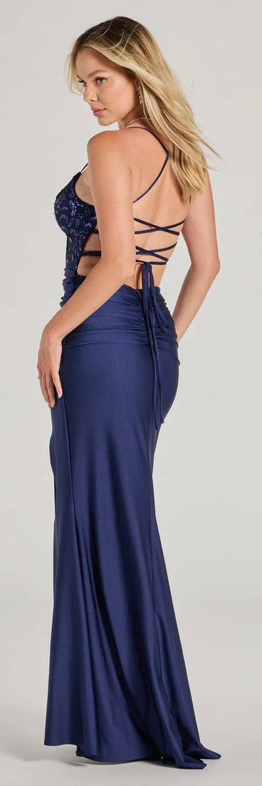 Celebrate in style with the Gemma Sequin Embroidered Lace-Up Mermaid Dress, a navy blue formal wedding guest dress featuring an elegant silhouette and luxe details, perfect for a black-tie celebration.
