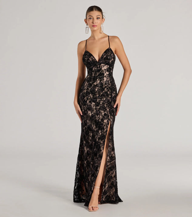 The Mckenna Velvet Flocked Lace Mermaid Dress in black is a standout holiday party outfit with luxurious fabrics and a chic, festive style, perfect for holiday parties and NYE celebrations.