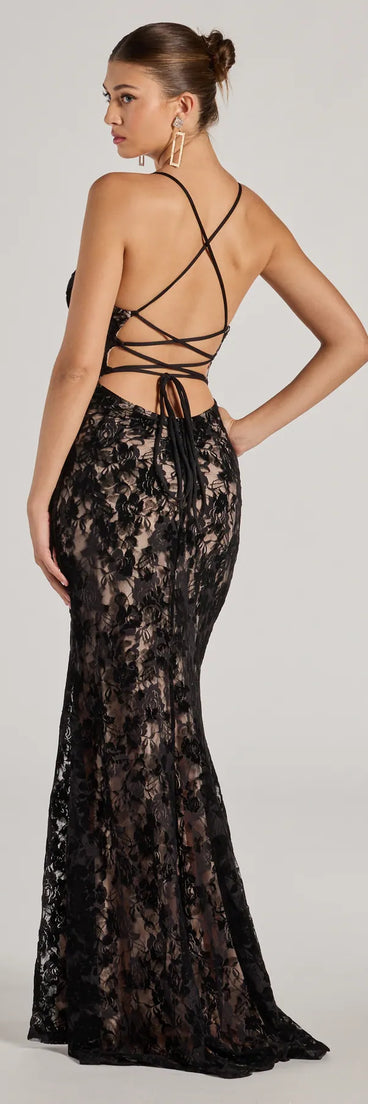Revamp your 2025 wardrobe with this chic addition, the Mckenna Velvet Flocked Lace Mermaid Dress in black, perfect for elevating your style in the new year.