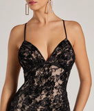The Mckenna Velvet Flocked Lace Mermaid Dress in black is a standout holiday party outfit with luxurious fabrics and a chic, festive style, perfect for holiday parties and NYE celebrations.