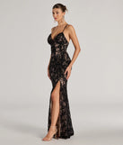 The Mckenna Velvet Flocked Lace Mermaid Dress in black is a standout holiday party outfit with luxurious fabrics and a chic, festive style, perfect for holiday parties and NYE celebrations.
