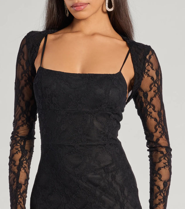 The Adele Sleeveless Lace Mermaid Dress With Bolero is an elegant black formal dress in a rich seasonal color and with unique design accents that make dressing up for winter parties, holiday balls, or festive gatherings effortless!