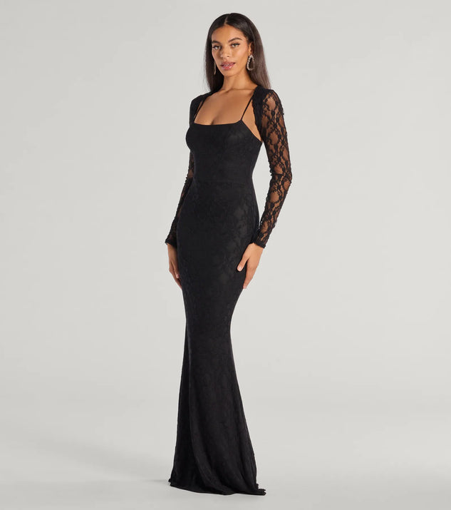 The Adele Sleeveless Lace Mermaid Dress With Bolero is an elegant black formal dress in a rich seasonal color and with unique design accents that make dressing up for winter parties, holiday balls, or festive gatherings effortless!