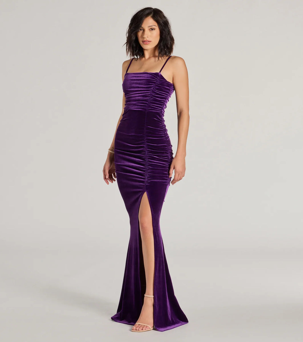 Alondra Ruched Velvet Front Slit Mermaid Dress | Windsor Alondra Ruched Velvet Front Slit Mermaid Dress | Windsor