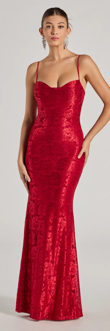 Turn heads at Prom 2025 in this red prom dress, where statement-making details meet the iconic style of the Haisley Open Back Floral Lace Mermaid Dress .