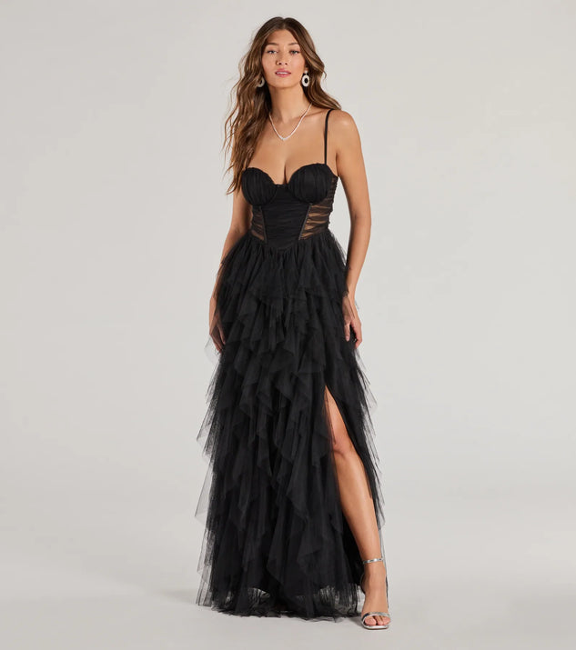 The Aletta Long Sleeveless Ruffled A-Line Dress is an elegant black formal dress in a rich seasonal color and with unique design accents that make dressing up for winter parties, holiday balls, or festive gatherings effortless!