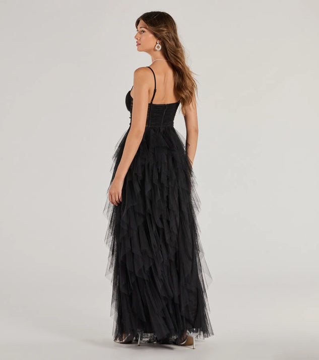 The Aletta Long Sleeveless Ruffled A-Line Dress is an elegant black formal dress in a rich seasonal color and with unique design accents that make dressing up for winter parties, holiday balls, or festive gatherings effortless!