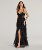 The Aletta Long Sleeveless Ruffled A-Line Dress is an elegant black formal dress in a rich seasonal color and with unique design accents that make dressing up for winter parties, holiday balls, or festive gatherings effortless!