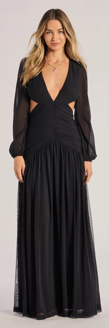 Feel instantly put-together in the Adley Long Sleeve Cutout Mesh Formal Dress in black, a summer wedding guest dress designed for confident style and all-out celebration.