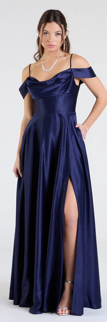 The Alira Cold Shoulder A-Line Satin Formal Dress is your new go-to navy blue dress—effortless, versatile, and made to update your fall style in seconds.