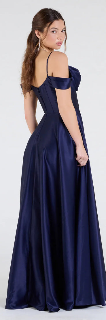 Step into the Prom 2025 dance in the Alira Cold Shoulder A-Line Satin Formal Dress in navy, a stunning blue prom dress designed to complement any theme with its timeless allure and statement-making style.