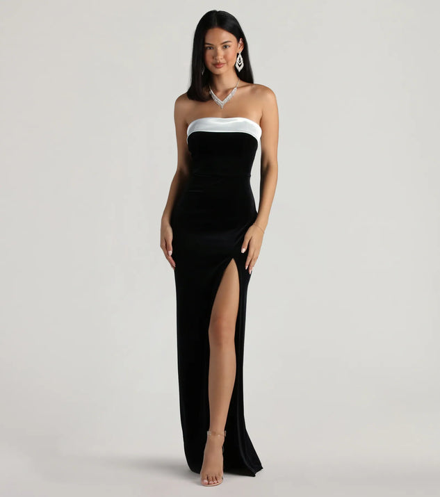 The Marilyn Formal Velvet Strapless Satin Long Dress is an elegant black formal dress in a rich seasonal color and with unique design accents that make dressing up for winter parties, holiday balls, or festive gatherings effortless!