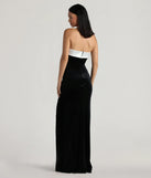 The Marilyn Formal Velvet Strapless Satin Long Dress is an elegant black formal dress in a rich seasonal color and with unique design accents that make dressing up for winter parties, holiday balls, or festive gatherings effortless!