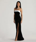 The Marilyn Formal Velvet Strapless Satin Long Dress is an elegant black formal dress in a rich seasonal color and with unique design accents that make dressing up for winter parties, holiday balls, or festive gatherings effortless!