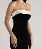 The Marilyn Formal Velvet Strapless Satin Long Dress is an elegant black formal dress in a rich seasonal color and with unique design accents that make dressing up for winter parties, holiday balls, or festive gatherings effortless!