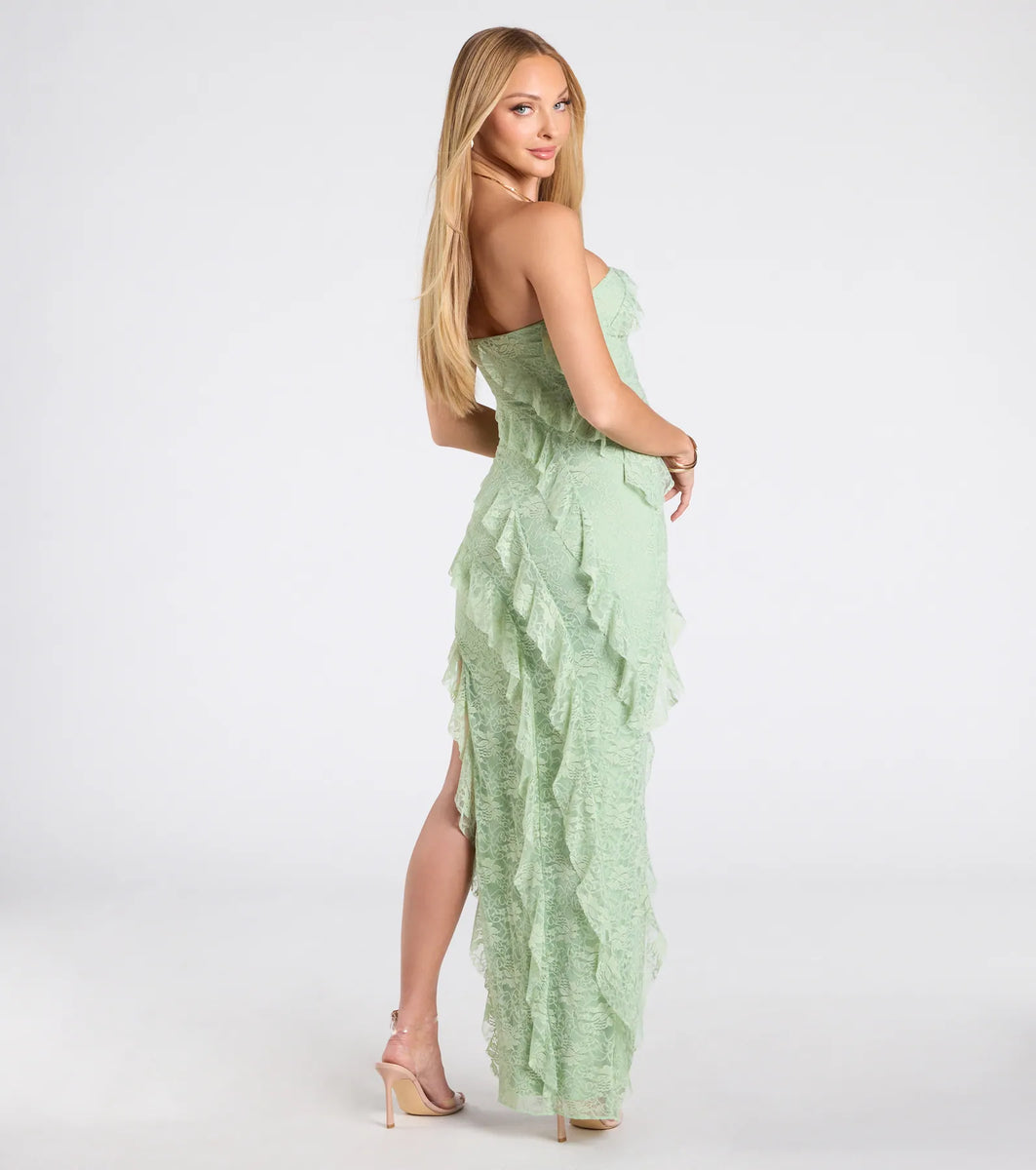 Ellie Ruffled Lace High Slit Formal Dress | Windsor