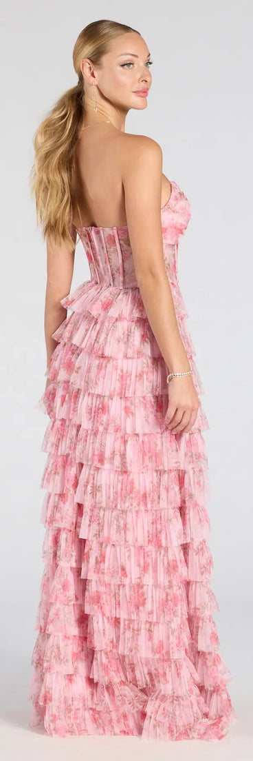 The Kira Strapless Floral Tulle A-Line Formal Dress in luxe pink fabric, a stunning prom dress with statement details designed to make a bold impression at Prom 2025.