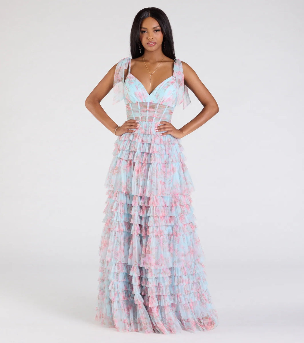 sheer mesh corset tiered a line dress Poly USA 9328 - Long Glitter Mesh Embroidery A-Line Dress