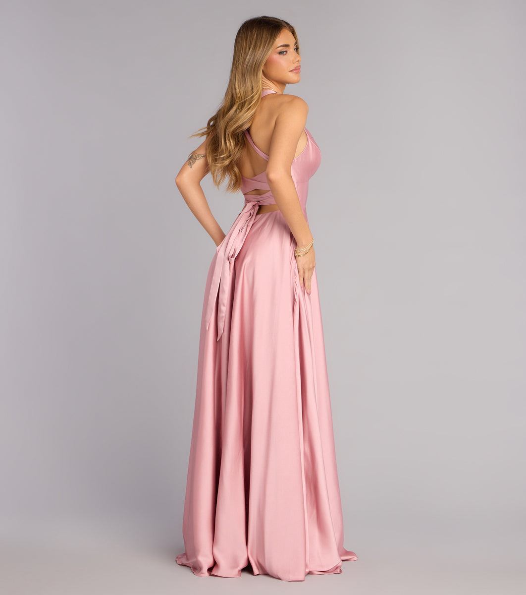 Abbey Lace-Up Slit A-Line Satin Formal Dress | Windsor Abbey Lace-Up Slit A-Line Satin Formal Dress | Windsor