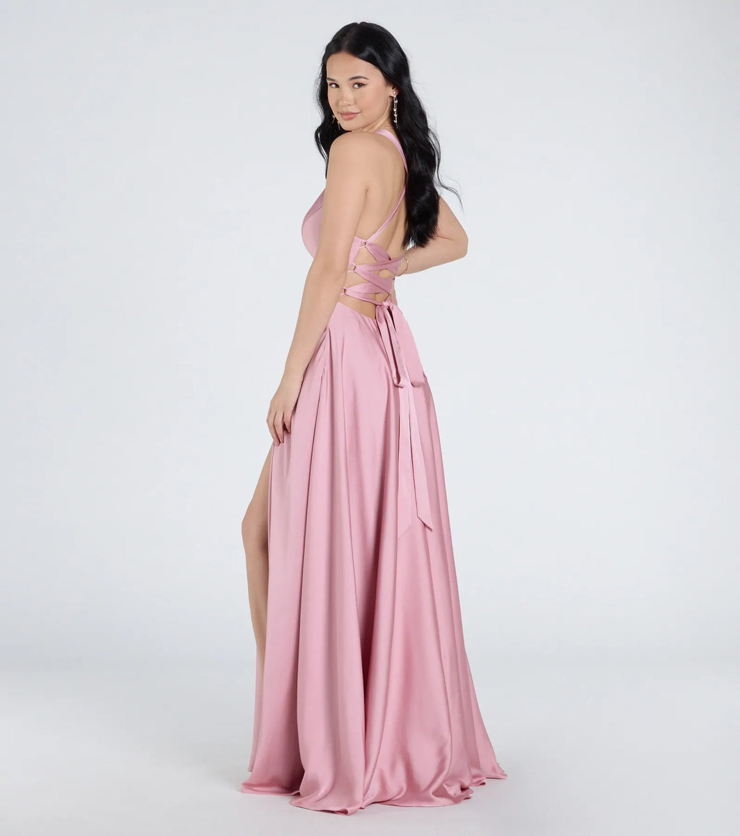 Abbey Lace-Up Slit A-Line Satin Formal Dress | Windsor