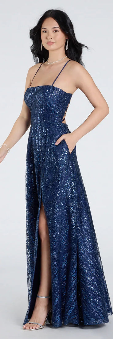 Own the spotlight in the Drea Glitter Sequin Lace-Up A-line Formal Dress, a navy blue formal dress crafted to deliver luxe style for summer weddings, Army Balls, or any special event.